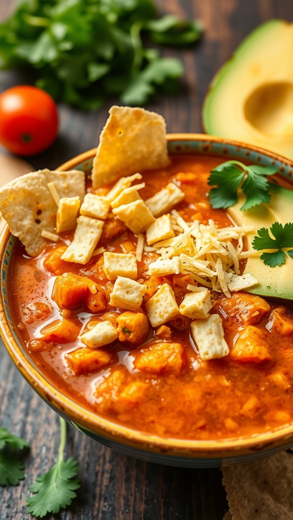 A vibrant bowl of spicy chicken tortilla soup garnished with tortilla strips, cheese, and avocado.