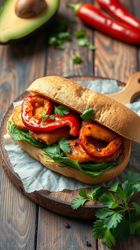 A delicious spicy chipotle chicken sandwich with grilled chicken, fresh veggies, and a toasted bun.