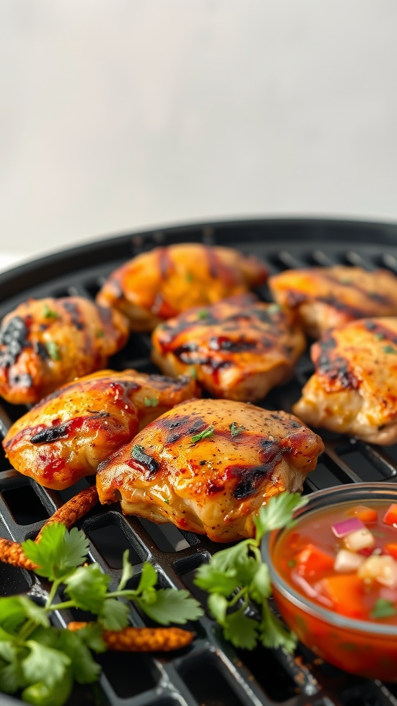 Grilled spicy chipotle chicken thighs on a grill