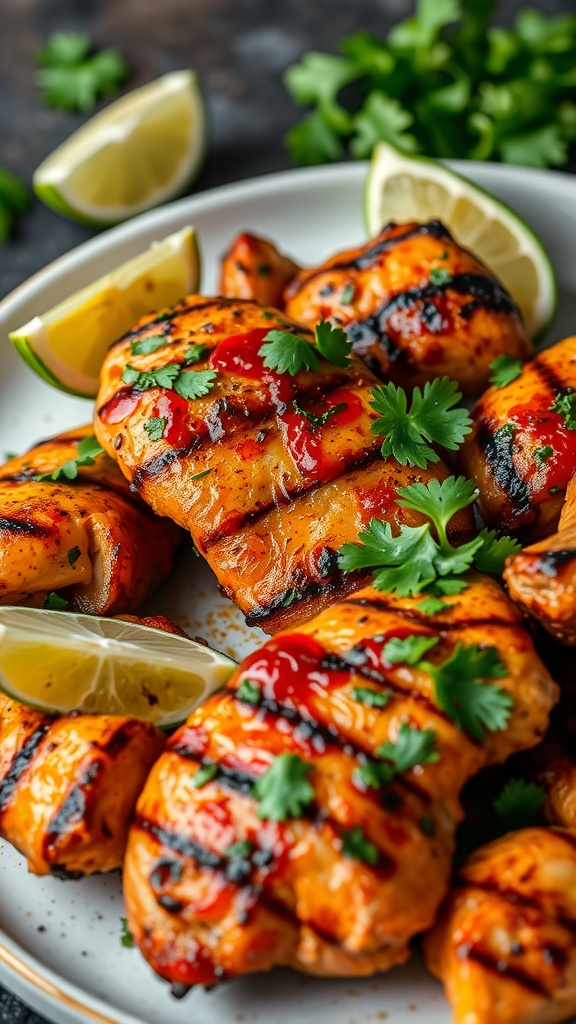 Delicious spicy chipotle grilled chicken garnished with cilantro and lime slices.