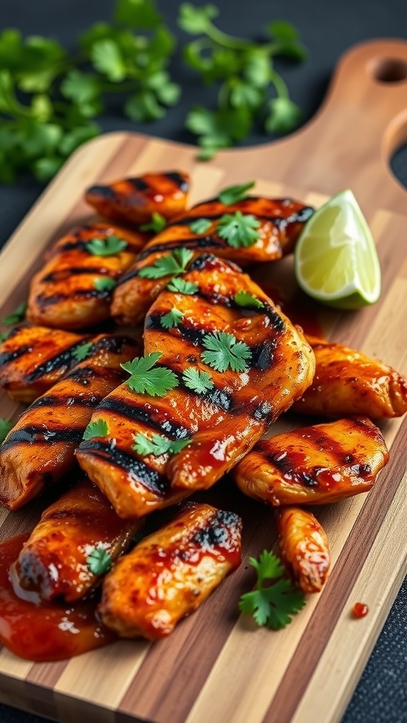 Grilled chicken strips with chipotle sauce and garnished with cilantro and lime