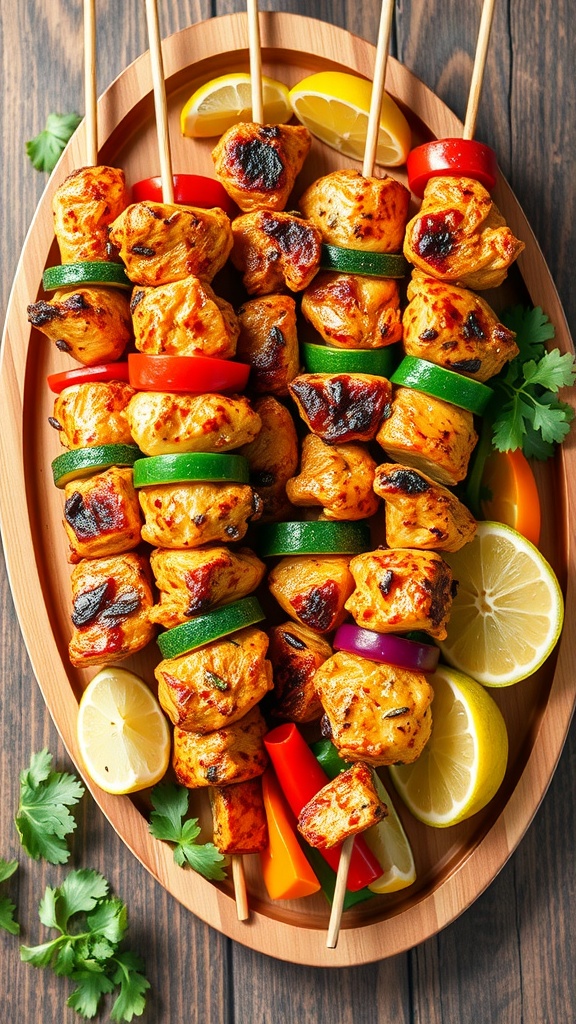 Spicy Chipotle Lime Chicken Skewers on a wooden platter with lemon and colorful peppers.