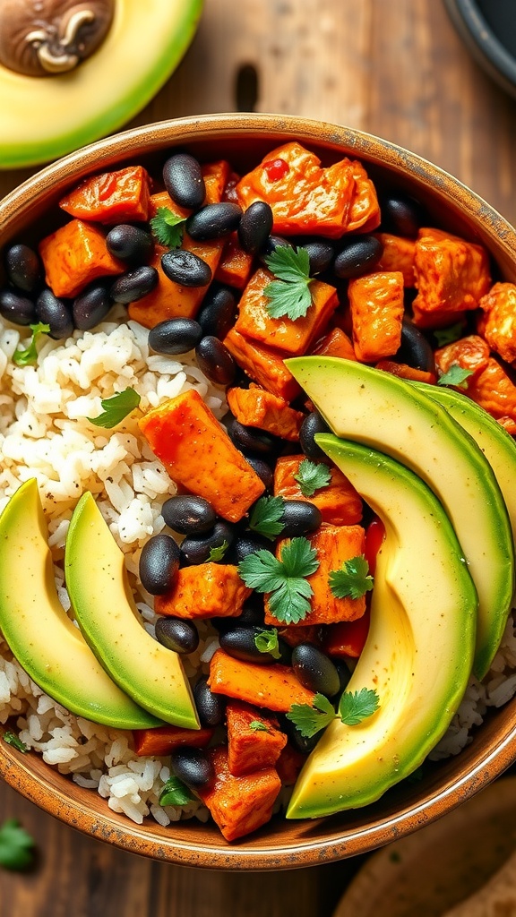 A delicious bowl of spicy chipotle pulled chicken with rice, black beans, avocado, and cilantro.