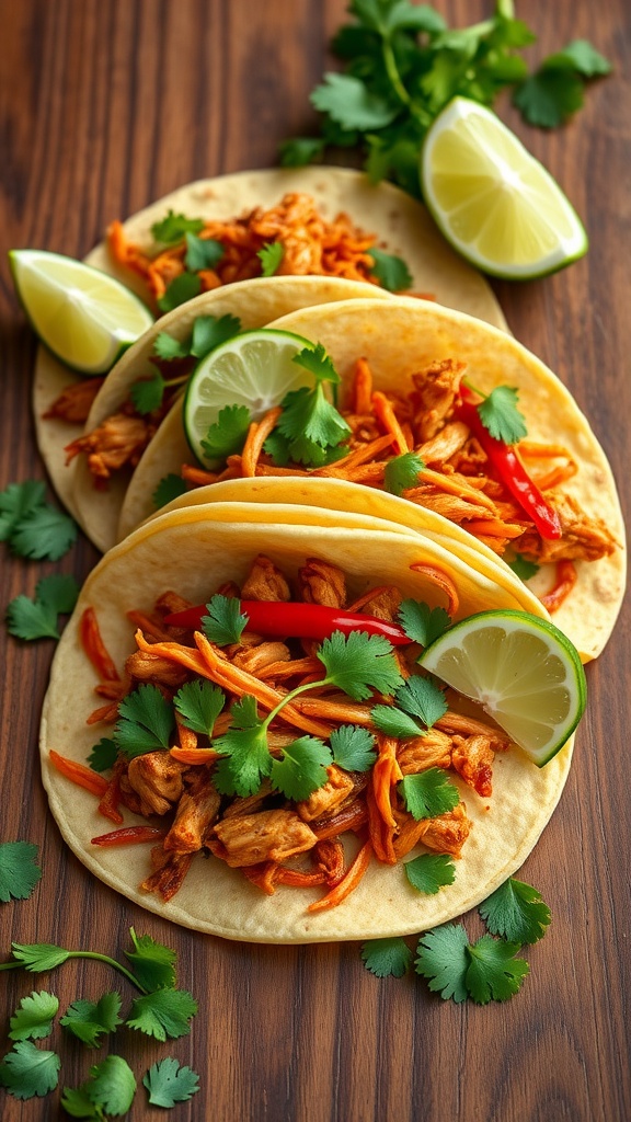 Spicy chipotle shredded chicken tacos with cilantro and lime