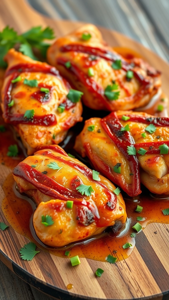 Delicious spicy garlic chicken thighs garnished with cilantro on a wooden platter.