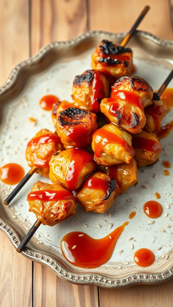 Delicious spicy honey garlic chicken skewers on a plate