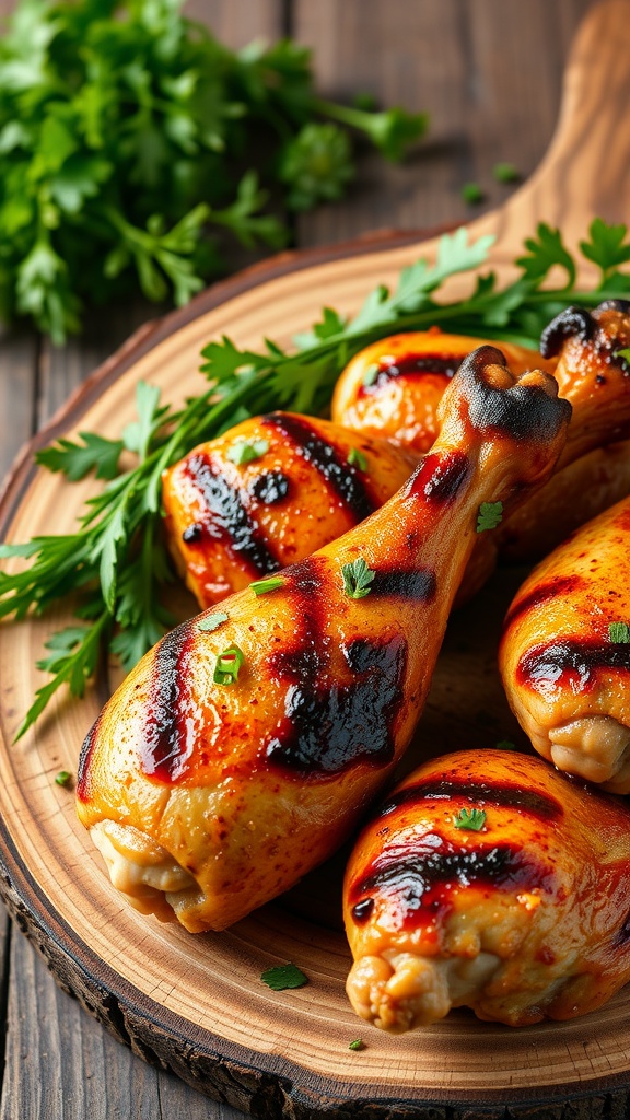 Spicy honey garlic grilled chicken drumsticks garnished with herbs
