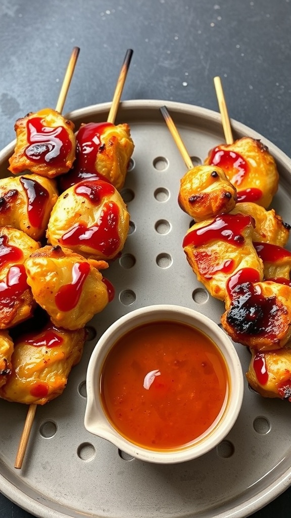 Spicy honey garlic glazed chicken skewers with dipping sauce