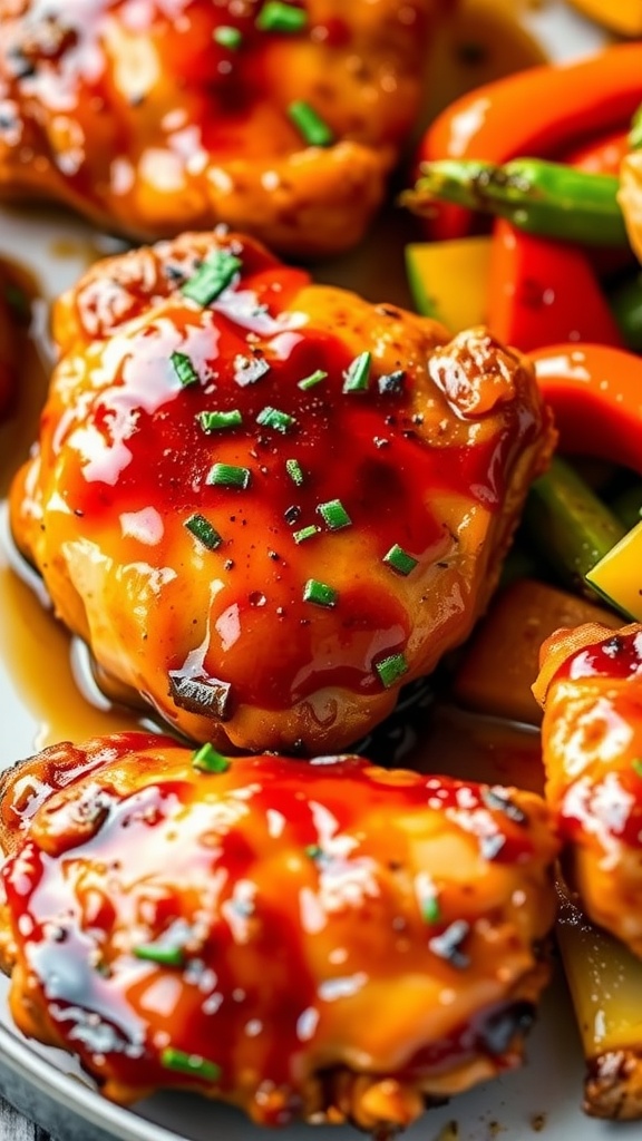 Spicy Honey Garlic Glazed Chicken Thighs on a plate with colorful vegetables
