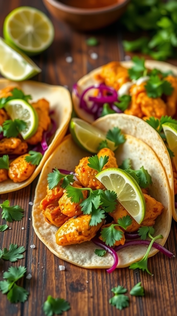 Delicious spicy honey lime chicken tacos garnished with cilantro and lime.