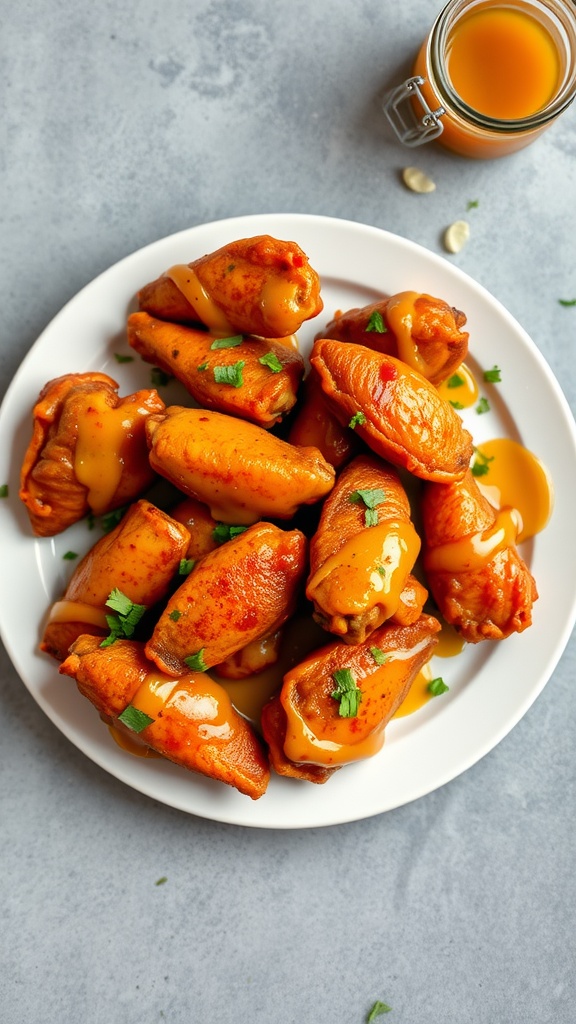 Plate of spicy honey mustard grilled chicken wings garnished with parsley
