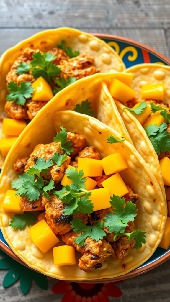 Tacos filled with spicy chicken and diced mango, garnished with cilantro.