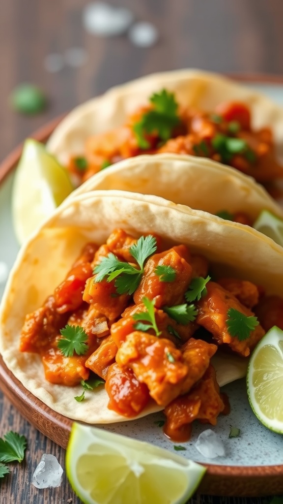 Spicy salsa chicken tacos served with lime wedges and cilantro.