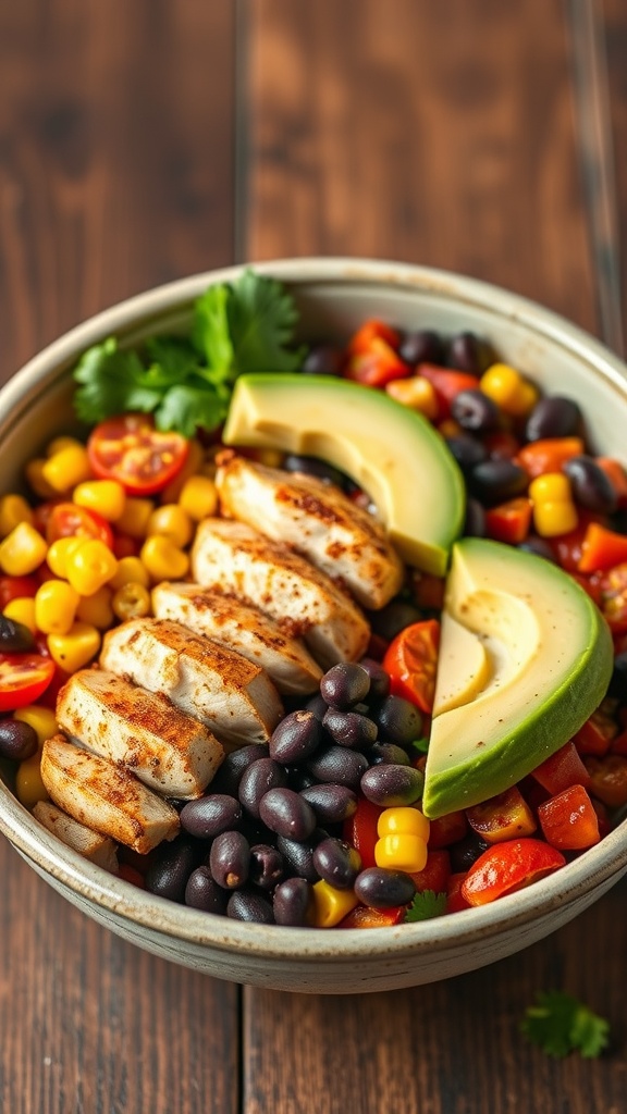 A bowl of Spicy Southwest Chicken Bowl with grilled chicken, black beans, corn, cherry tomatoes, and avocado slices.