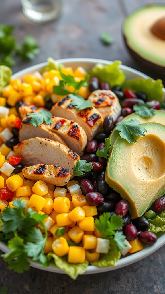 A colorful Spicy Southwest Chicken Salad with grilled chicken, corn, black beans, and avocado.