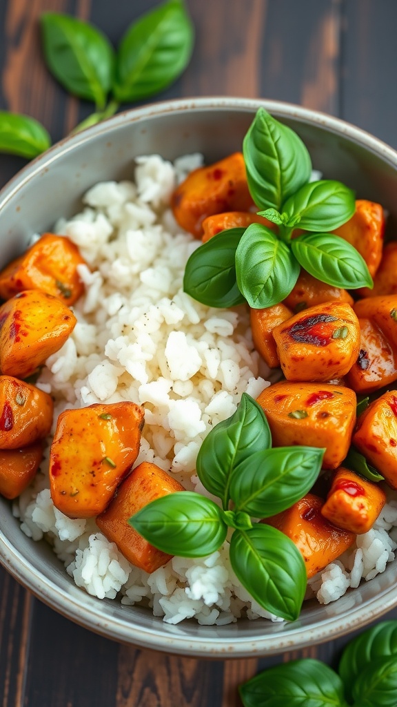 A delicious bowl of Spicy Thai Basil Chicken served over jasmine rice with fresh basil leaves.