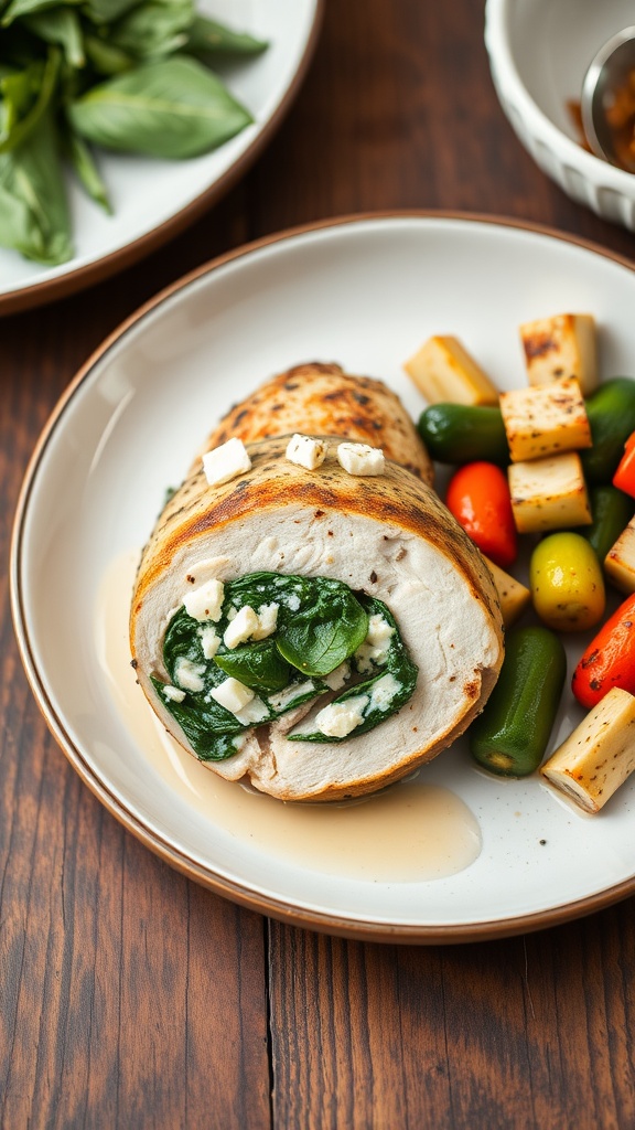 Spinach and feta stuffed chicken breast served with vegetables.