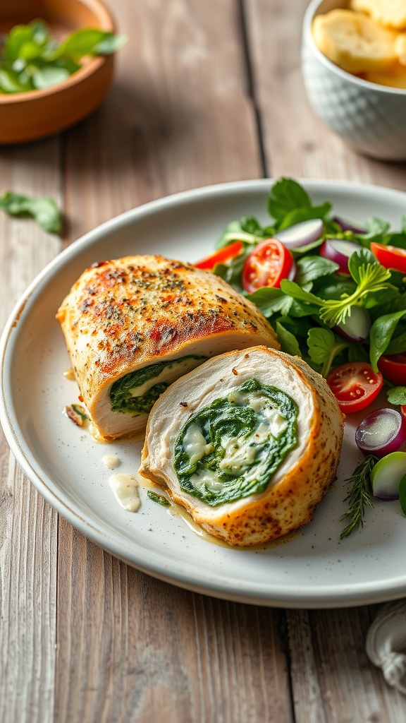 Stuffed baked chicken with spinach and cheese on a plate with a side salad.