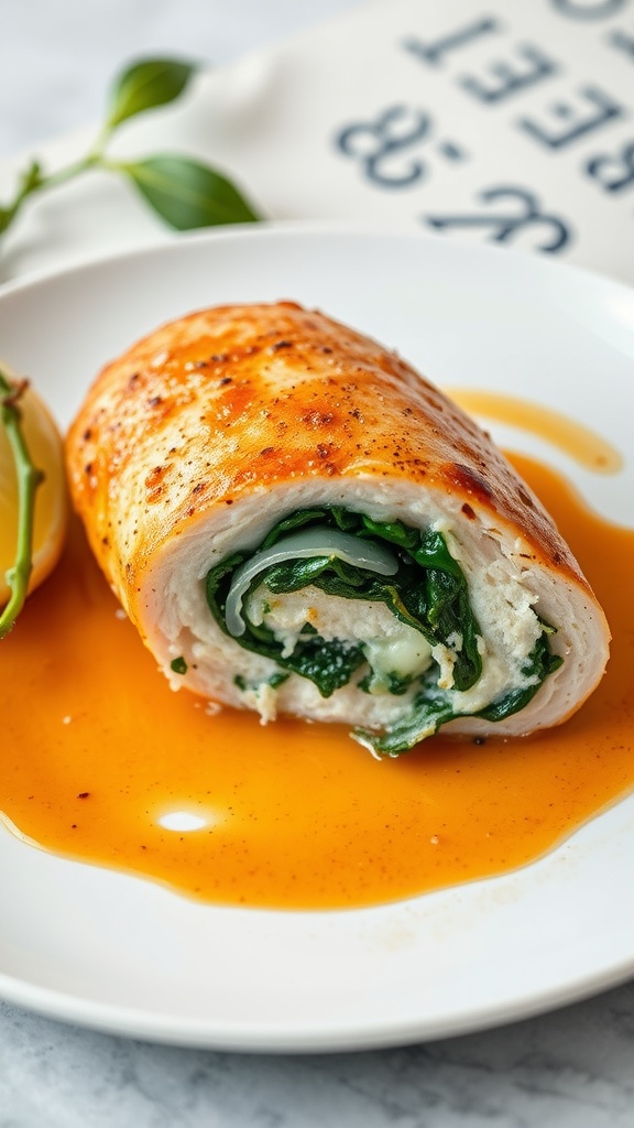 Stuffed chicken breast with spinach and cheese on a plate