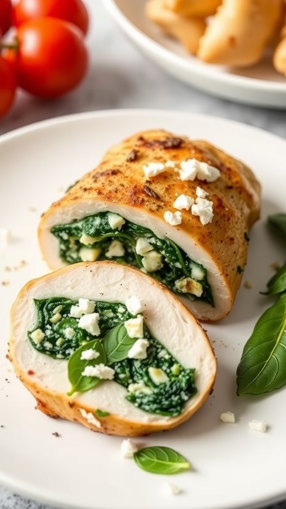 Stuffed chicken breast with spinach and feta on a plate.