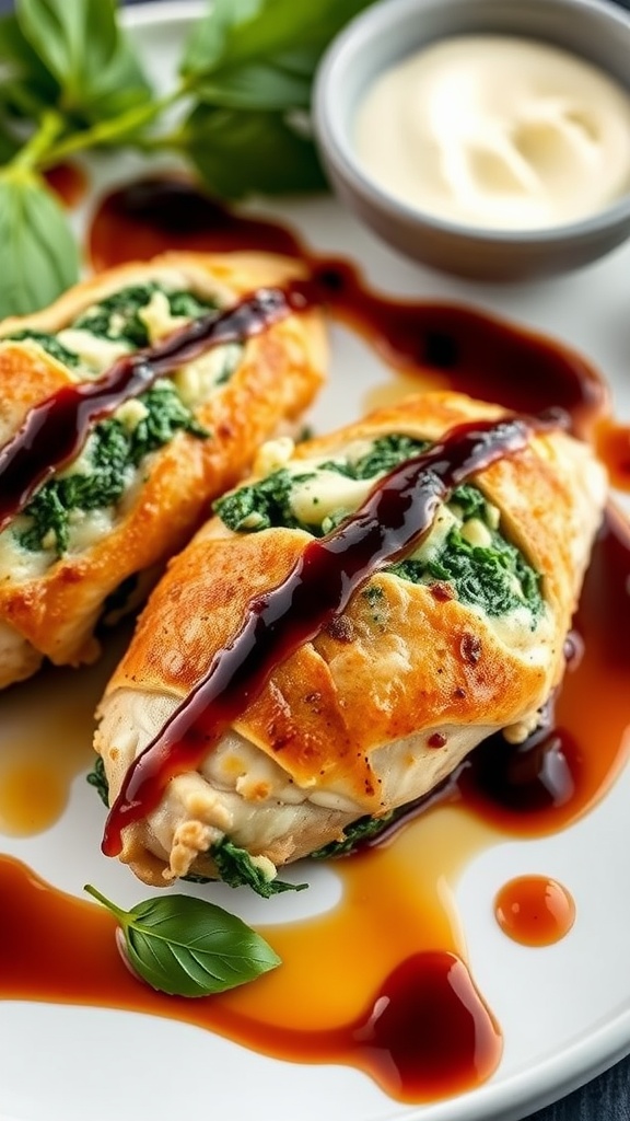 Stuffed chicken thighs with spinach and cheese on a plate