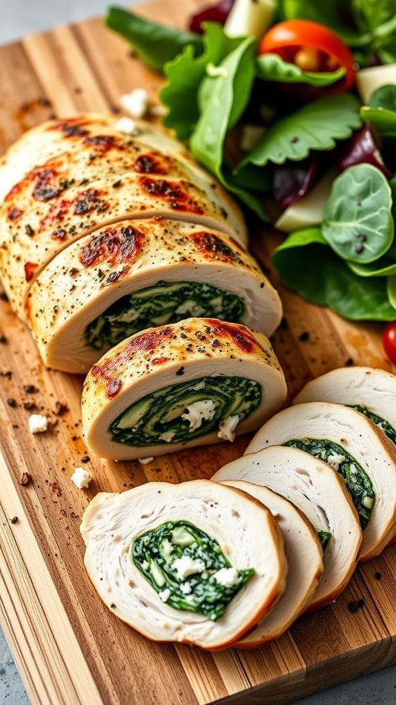 Stuffed chicken breast sliced to reveal spinach and feta filling, served on a wooden board with a fresh salad.