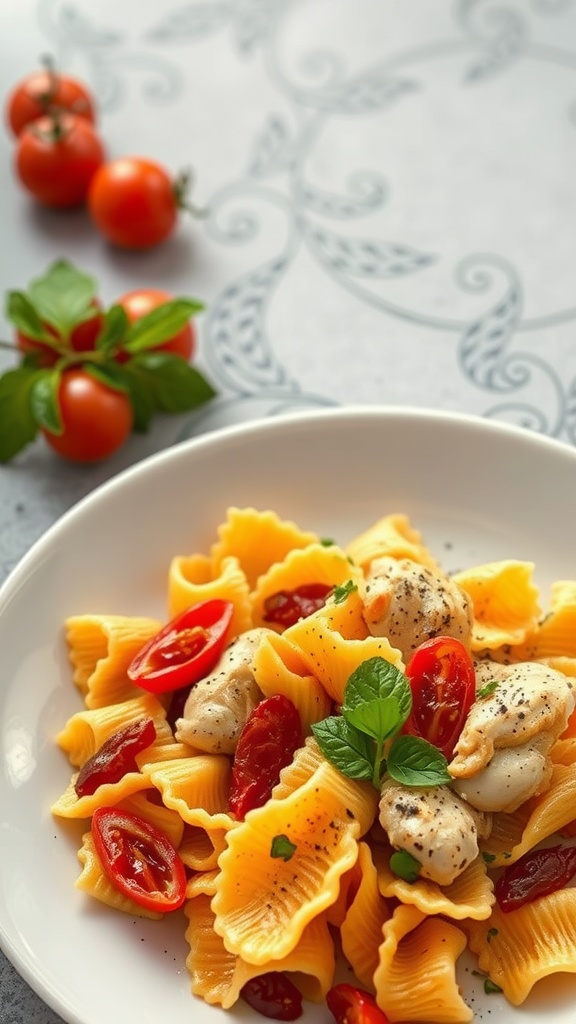 A plate of farfalle pasta with chicken, sun-dried tomatoes, and cherry tomatoes garnished with fresh herbs.