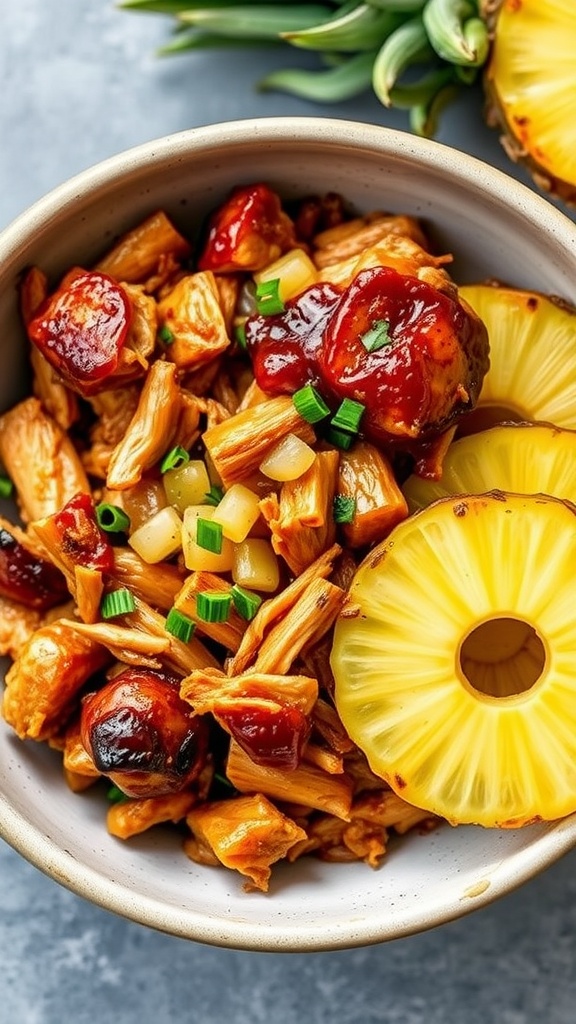 A bowl of Sweet and Smoky Pineapple Pulled Chicken with pineapple slices and green onions.
