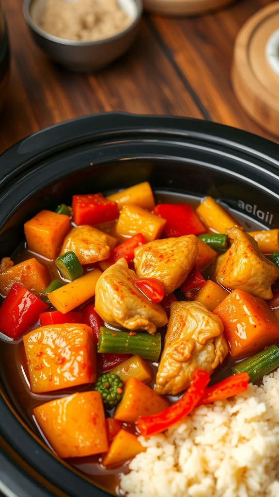 A bowl of sweet and sour chicken with vegetables and rice