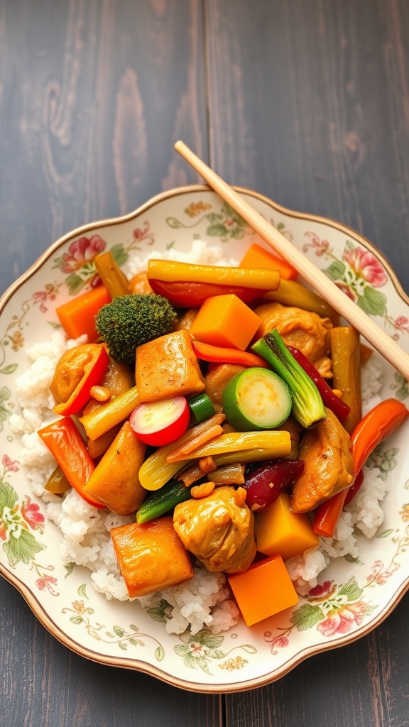 Sweet and Sour Chicken Casserole served over rice with colorful vegetables and chicken pieces.