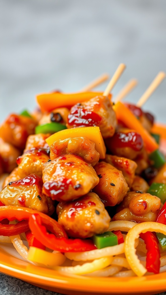 Sweet and sour chicken skewers with colorful vegetables