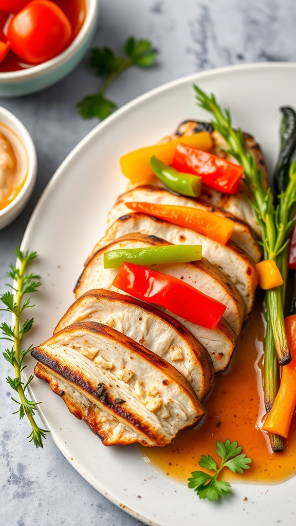 A beautifully grilled turkey breast served with colorful bell peppers.