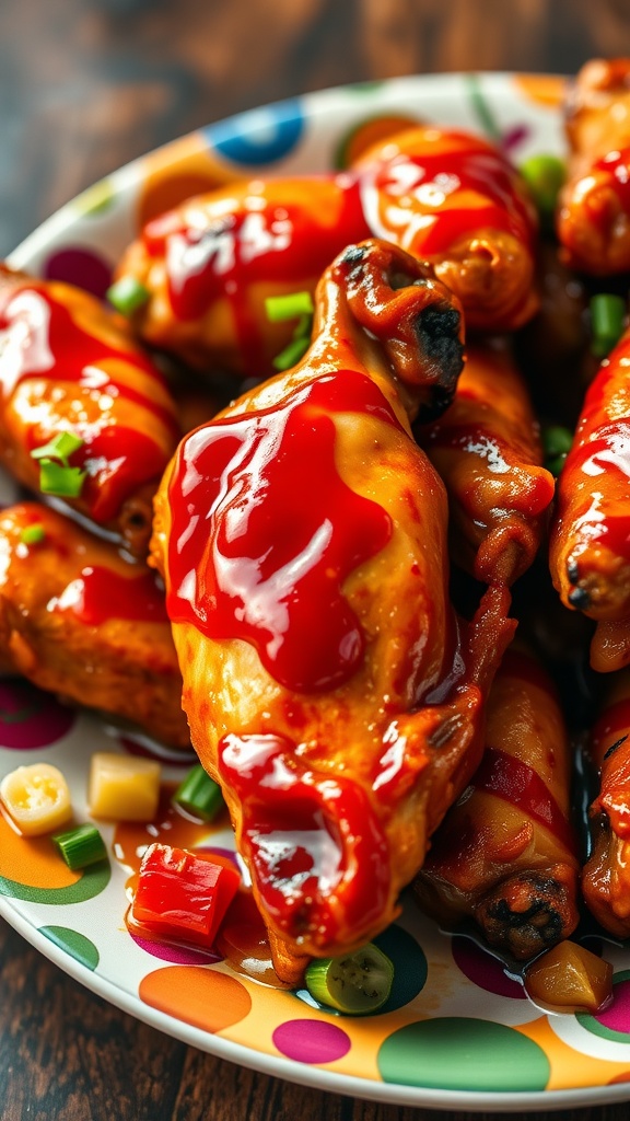 A colorful plate of sweet and sour grilled chicken wings topped with sauce