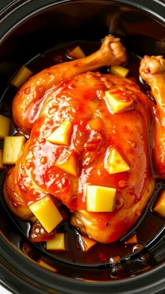 A whole chicken cooked in a sweet and sour pineapple sauce with pineapple chunks.