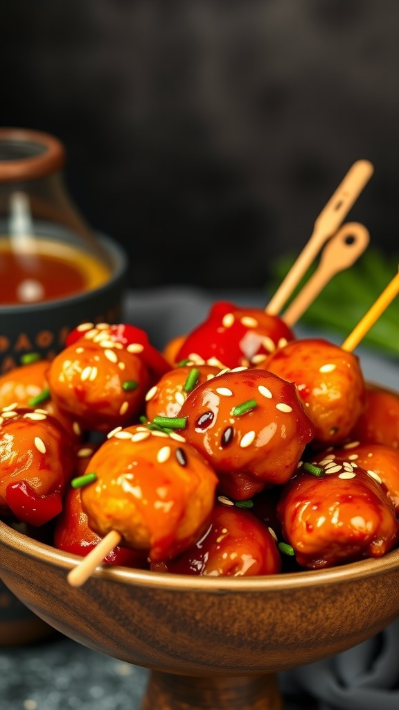 A bowl of sweet and spicy BBQ chicken meatballs garnished with sesame seeds and green onions.