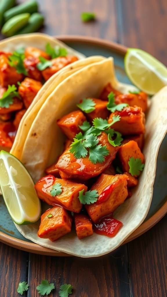 Sweet and Spicy BBQ Chicken Tacos with cilantro and lime