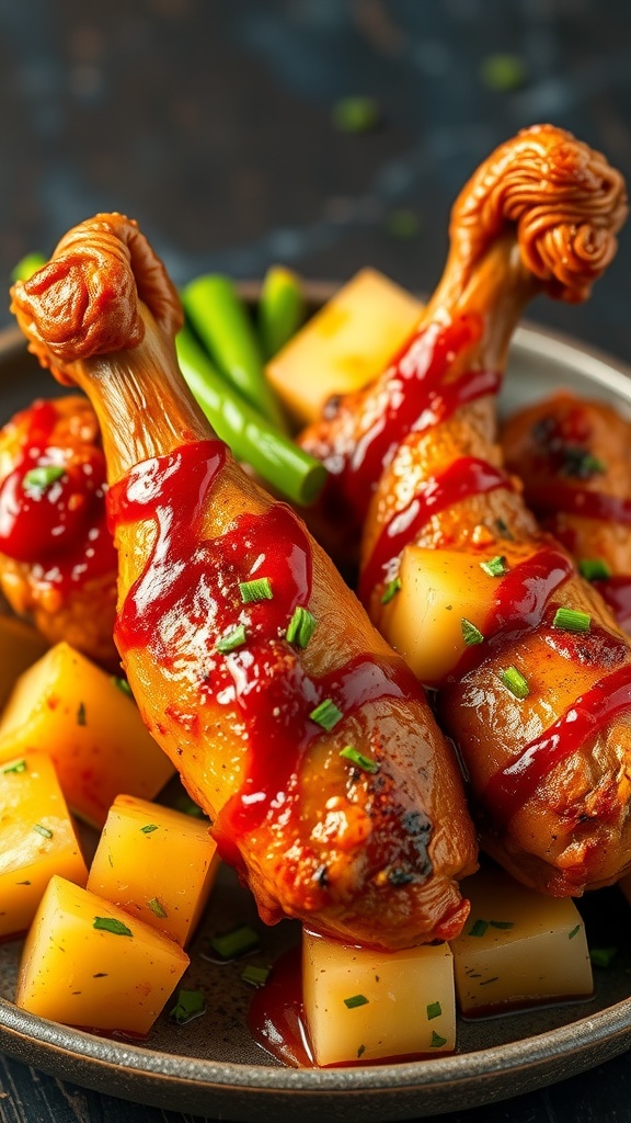 Grilled chicken legs with pineapple glaze on a plate.