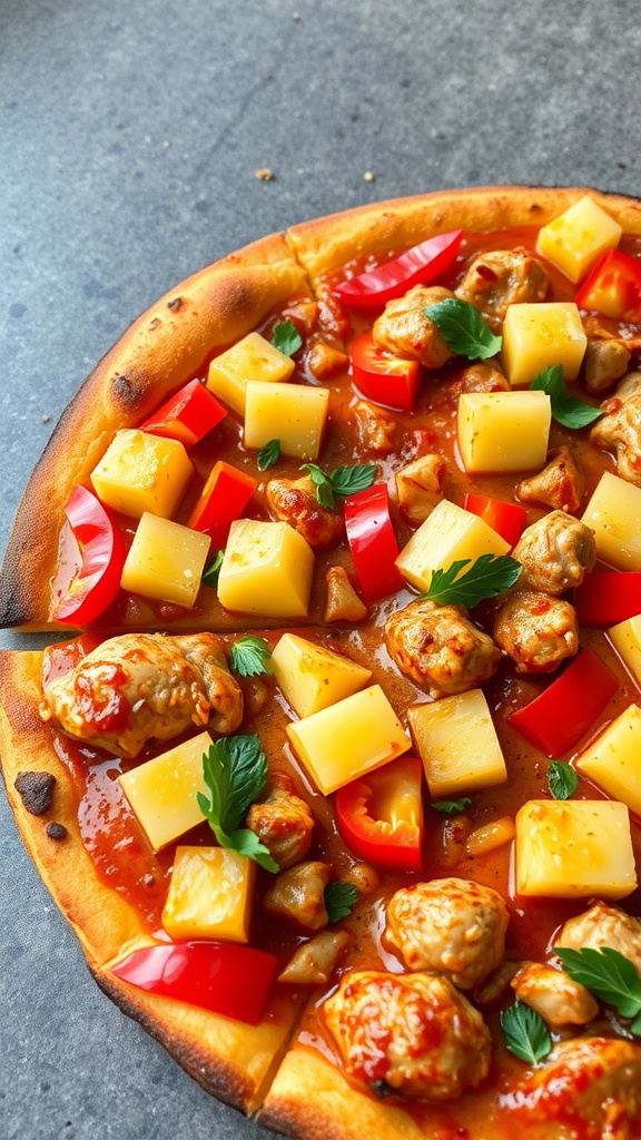 BBQ chicken pizza topped with pineapple and bell peppers