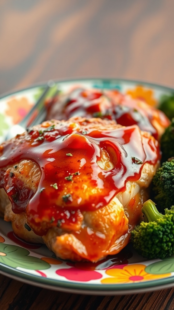 Sweet chili glazed chicken thighs with broccoli on a plate.