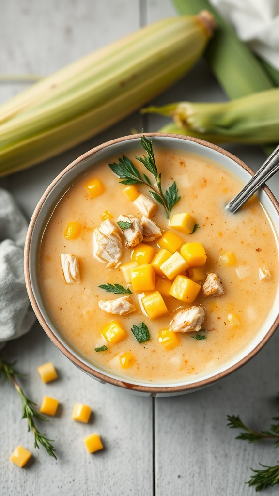 A bowl of Sweet Corn and Chicken Chowder with diced chicken, corn, and fresh herbs.