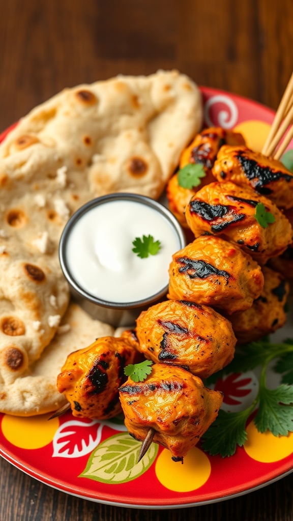 Delicious Tandoori Chicken Kabobs served with naan and yogurt sauce