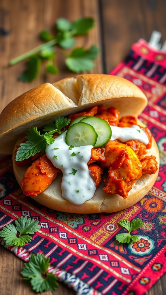 Tandoori chicken sandwich with mint yogurt sauce, garnished with cucumber slices and fresh mint.