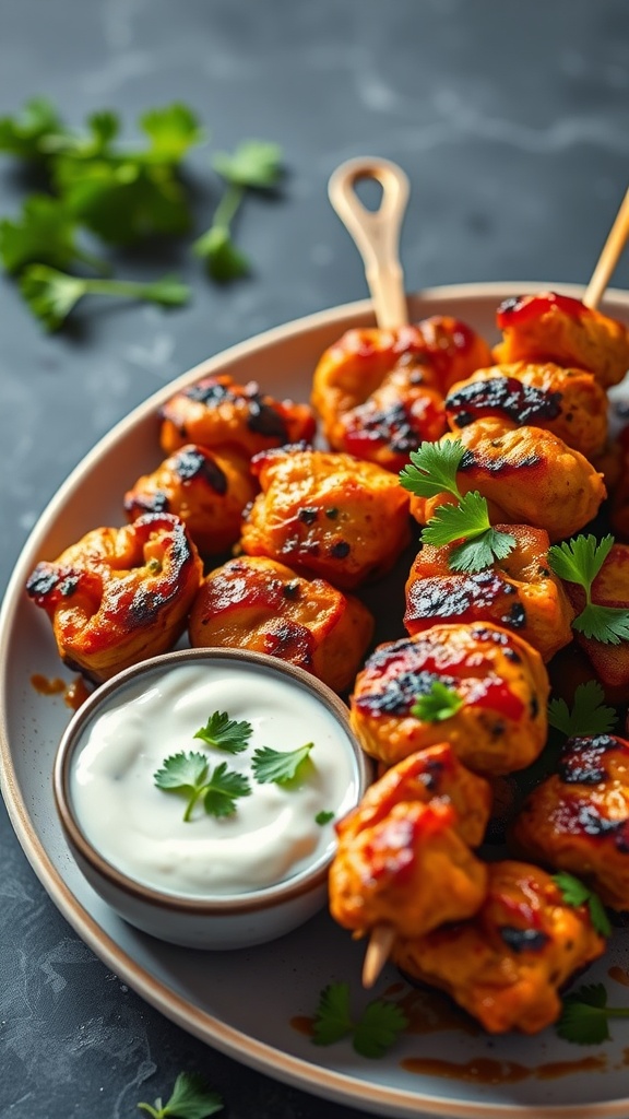 Tandoori chicken skewers served with a yogurt dip and garnished with cilantro.