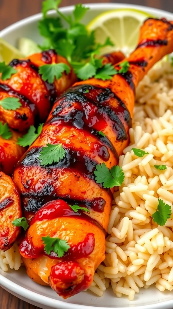 A plate of Tandoori chicken served on basmati rice with cilantro garnish