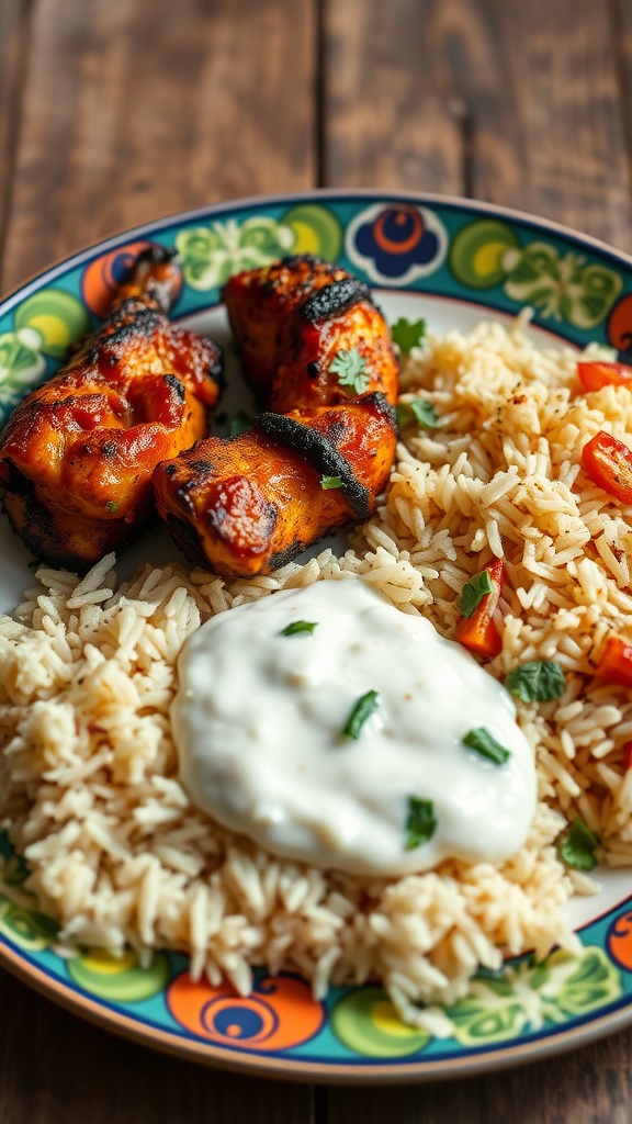 Tandoori chicken served with rice and yogurt sauce on a colorful plate.