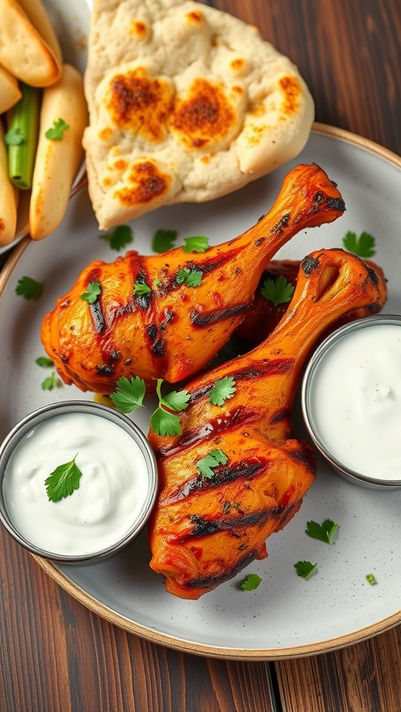 Delicious tandoori spiced grilled chicken served with naan and yogurt sauce