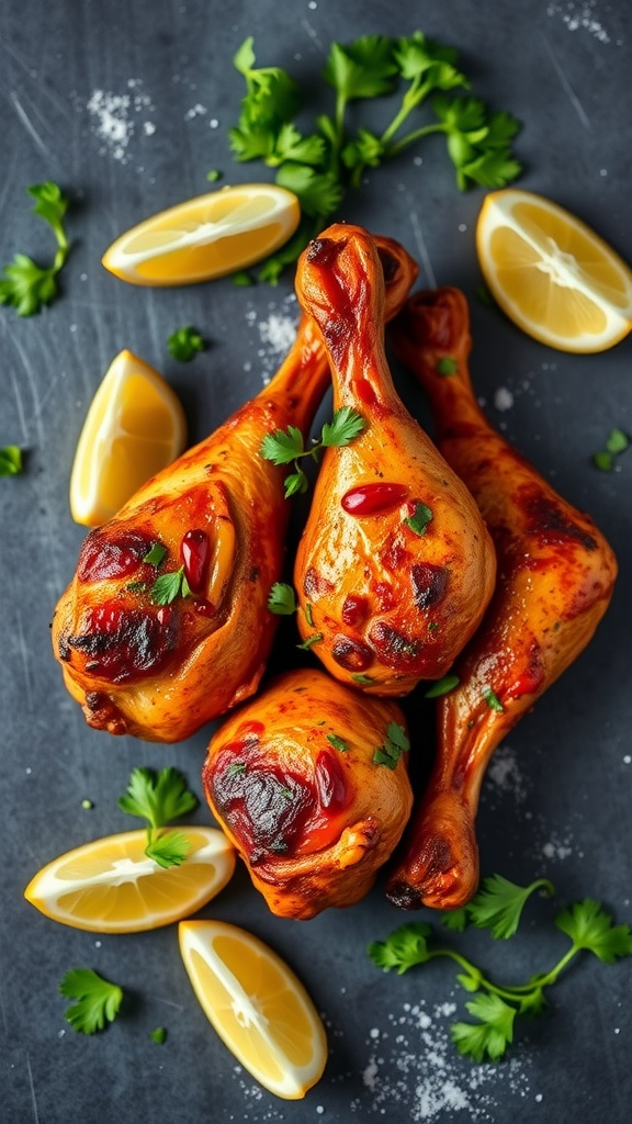 Tandoori spiced grilled chicken legs with lemon wedges and fresh herbs