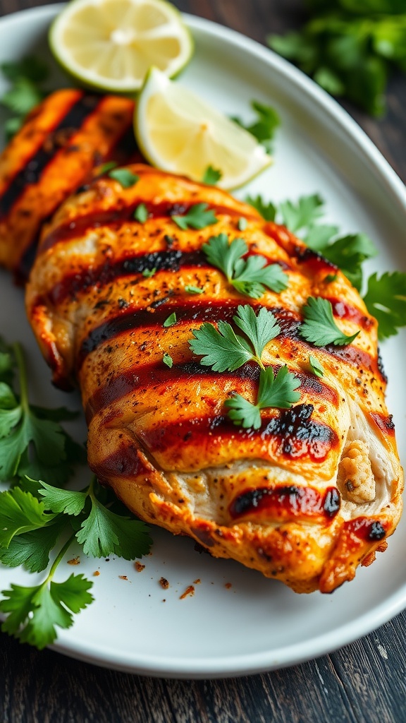 Tandoori spiced grilled turkey breast garnished with cilantro and lemon slices.