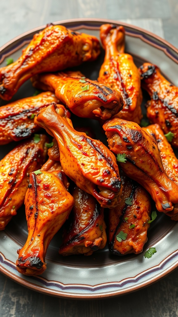 Tandoori style grilled chicken wings on a platter garnished with cilantro.