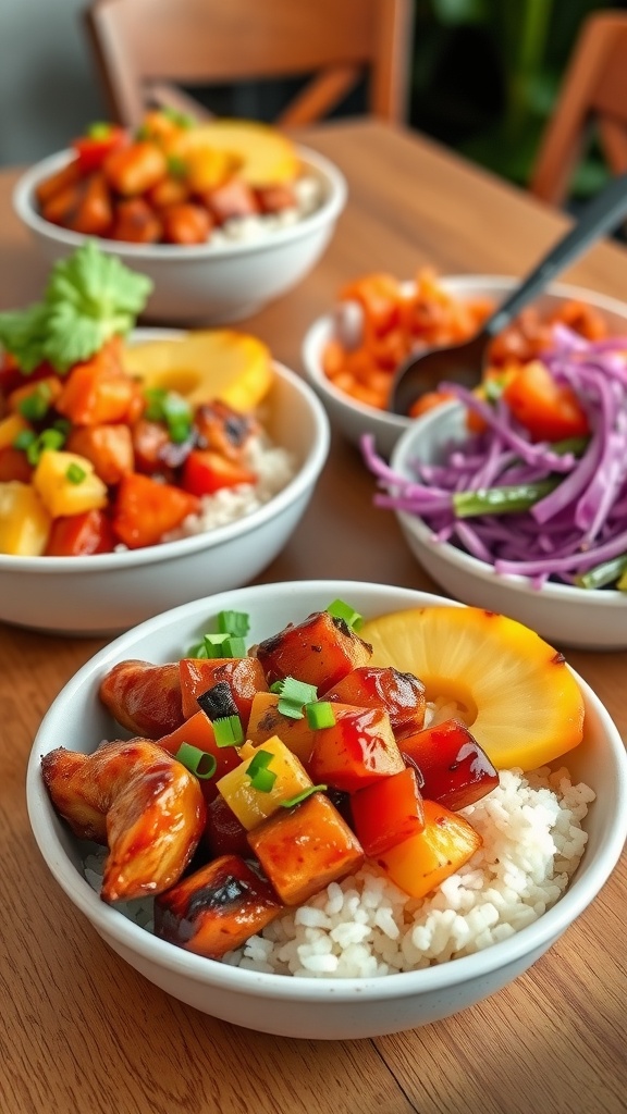 Tangy Pineapple BBQ Chicken Bowls served with rice and colorful toppings